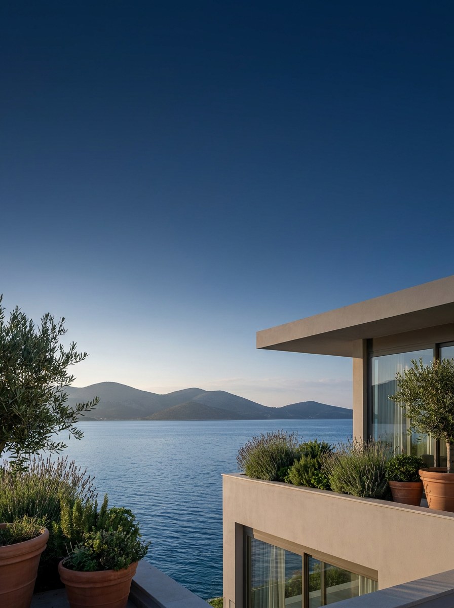 Terrazza contemporanea affacciata sul mare con montagne